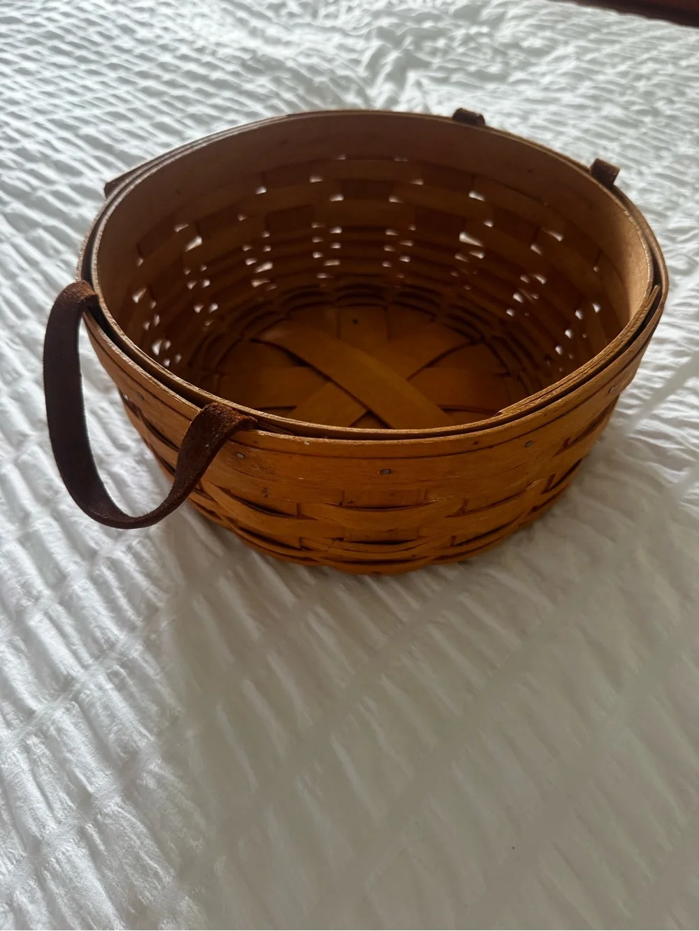 Longaberger 1996 Rustic Tan Woven Basket with Dark Brown Handles